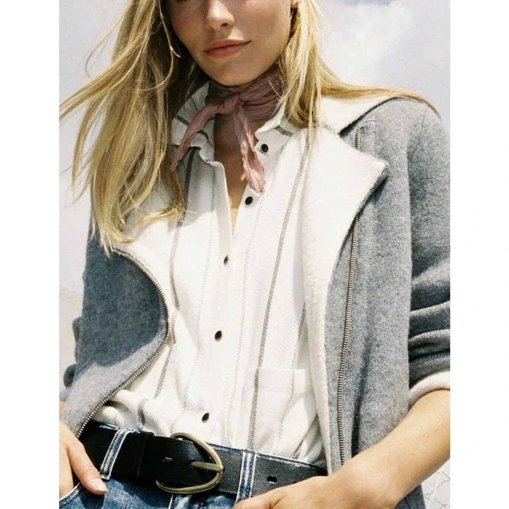 Anthropologie Asymmetric Zip Knit Moto Jacket‎ Sweater Grey Ivory XL